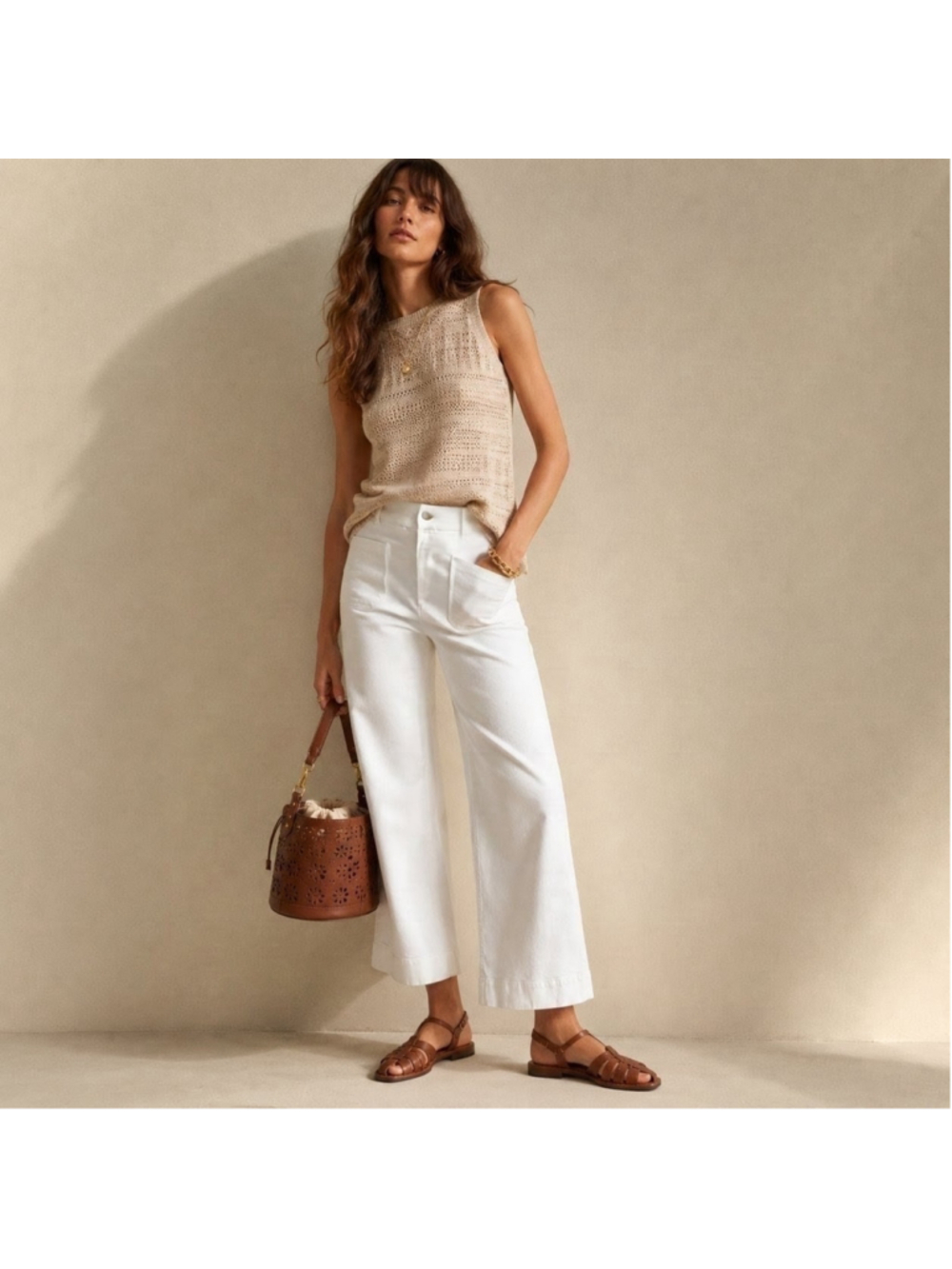 Spanx Wide Leg Pull On Crop Patch Pocket Jeans White Sz M